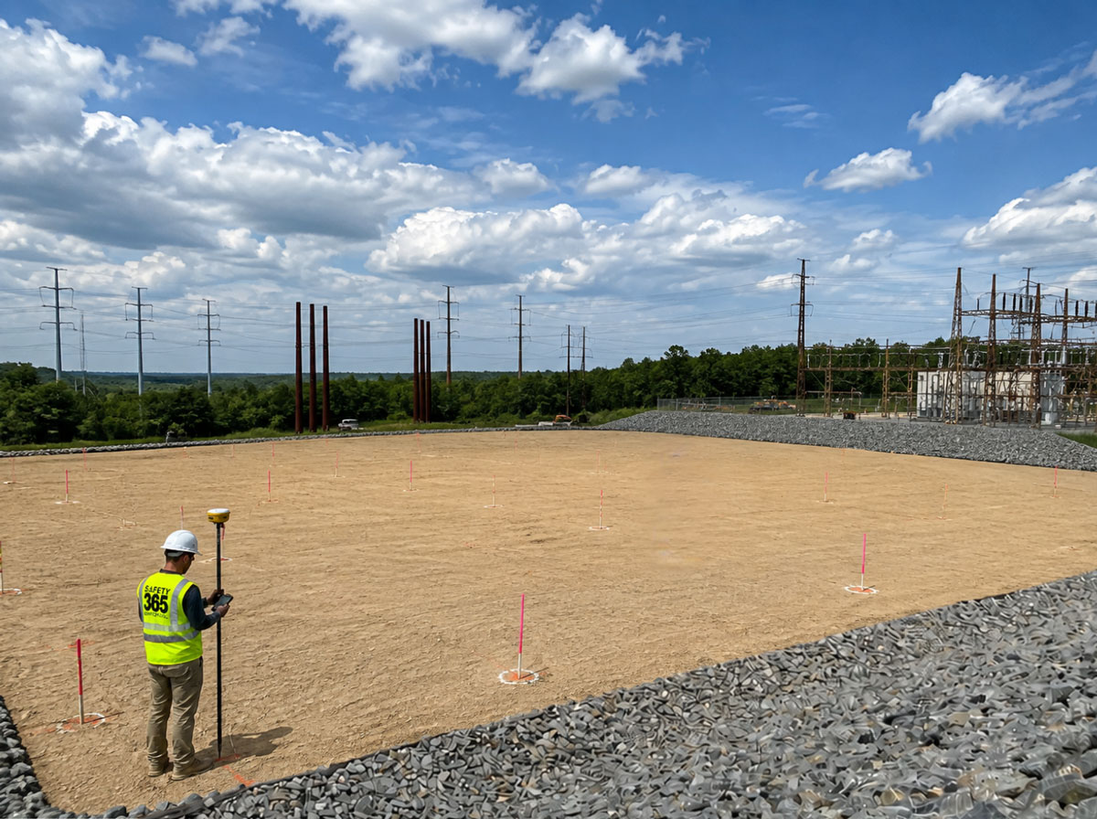 Graded site with earthmoving equipment during utility infrastructure preconstruction phase